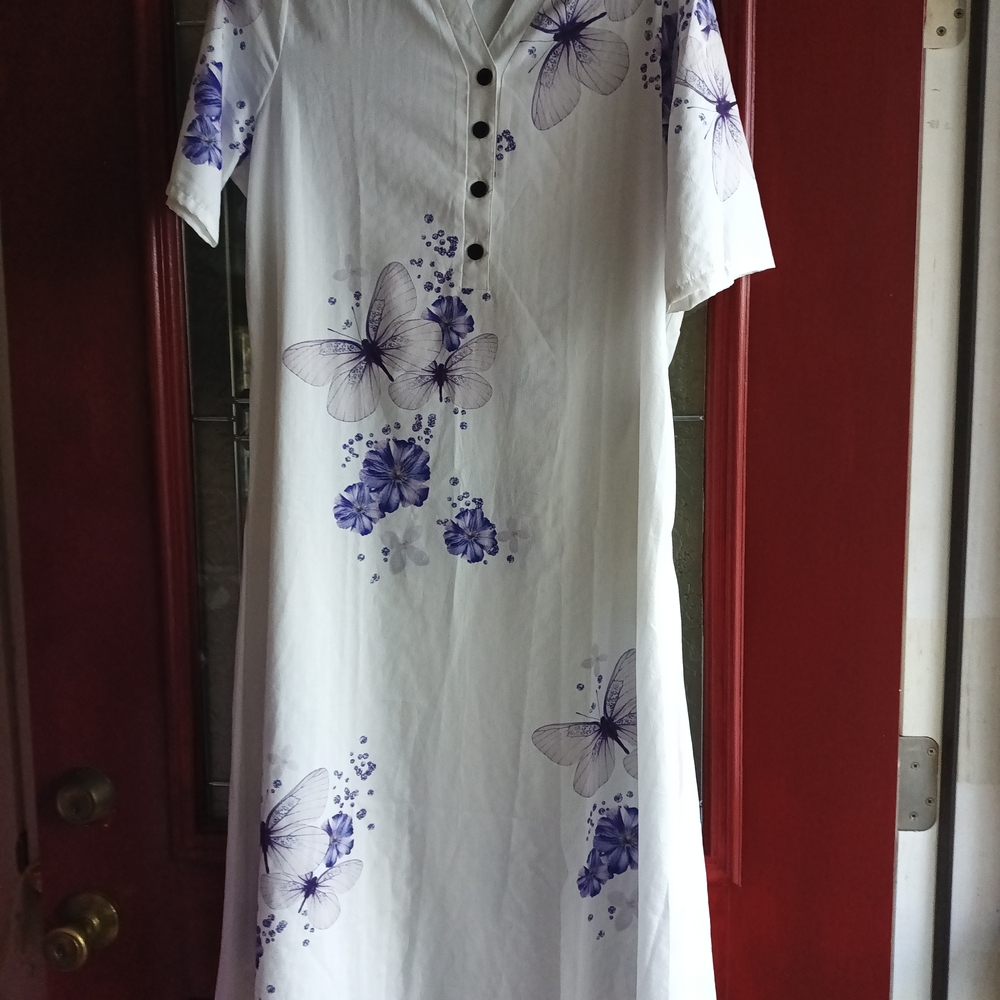 White Dress with Purple Butterfly Print